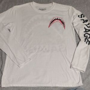 Savage Long Sleeve T-shirt White Black Shark Jaws Checkerboard